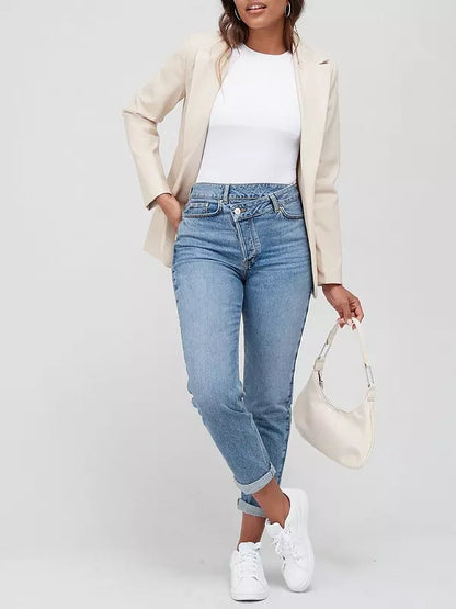 Wrap Front Mom Jean - Mid Wash