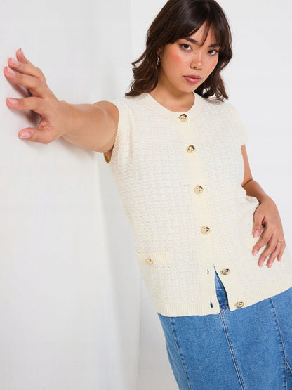 V by Very Curve Sleeveless Button Detail Knitted Waistcoat  - Cream
