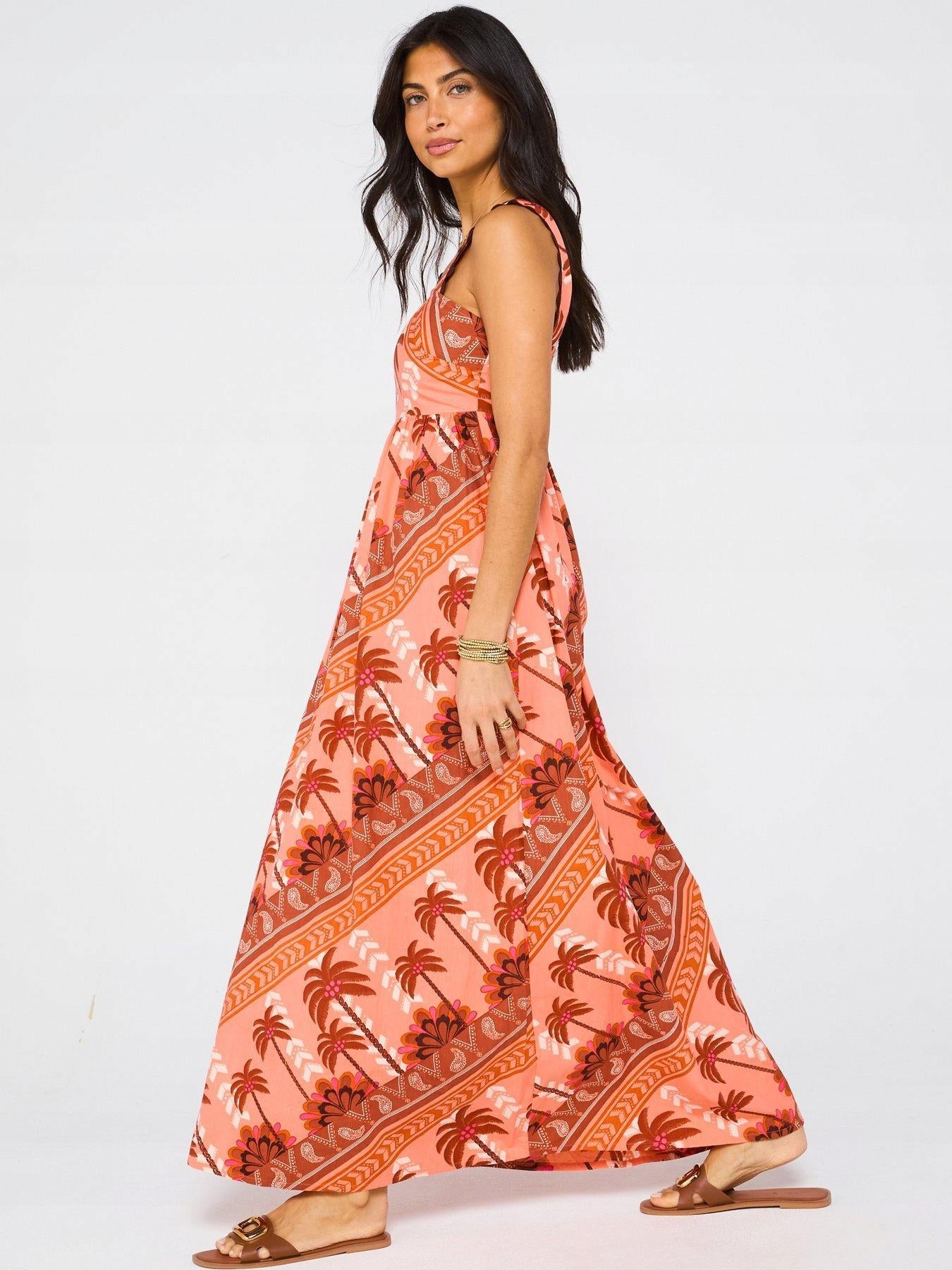 Palm Print Square Neck Maxi Dress