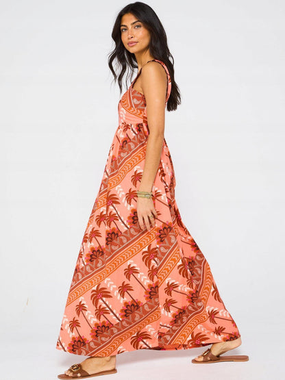 Palm Print Square Neck Maxi Dress