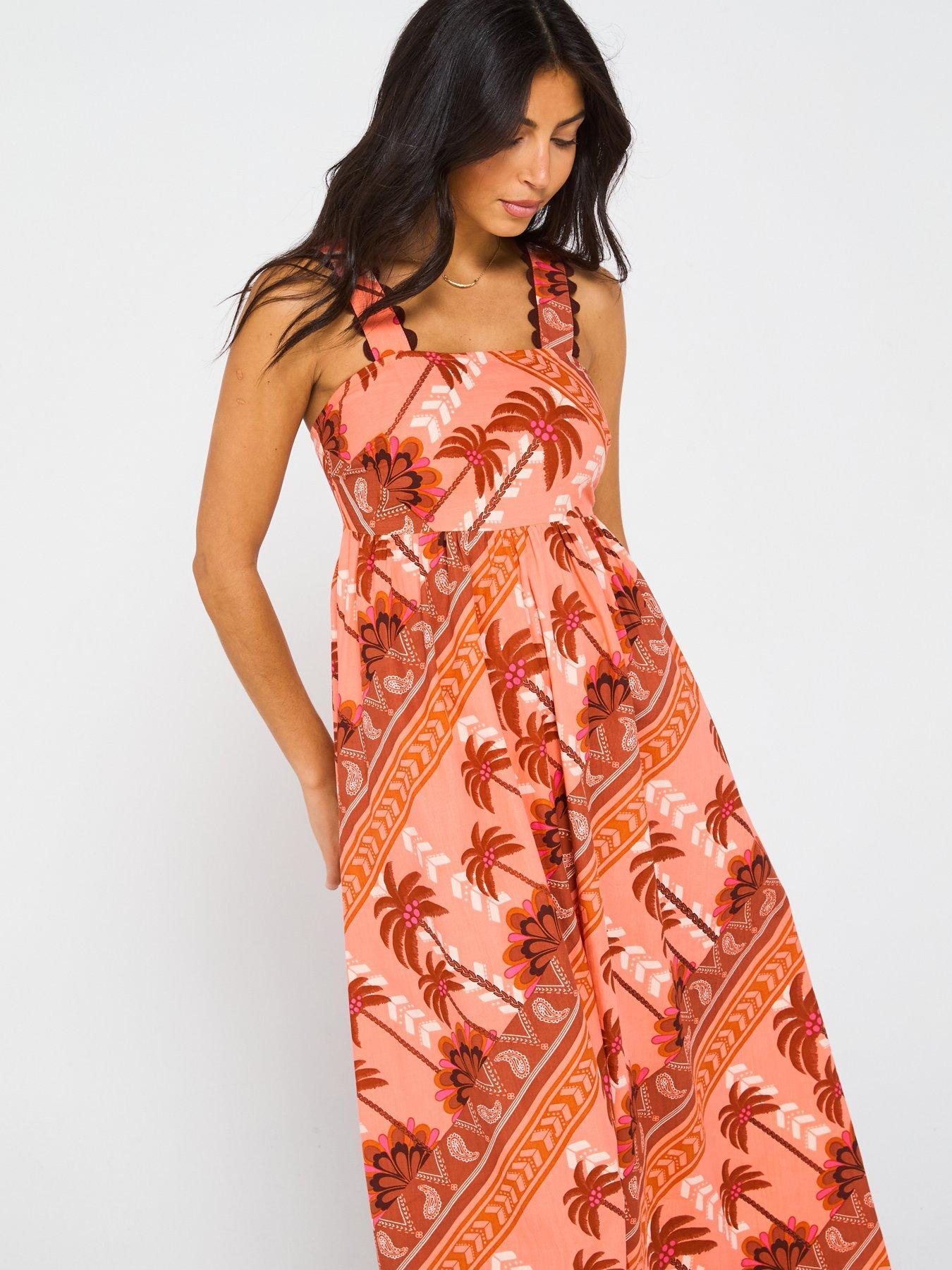 Palm Print Square Neck Maxi Dress