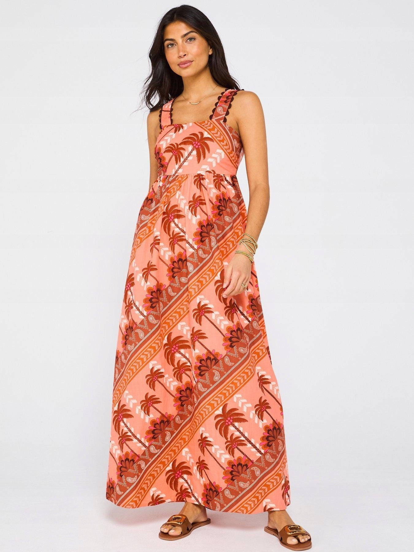 Palm Print Square Neck Maxi Dress