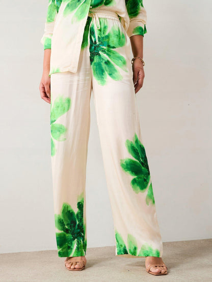 V by Very Green Flower Satin Shirt And Trouser Set- Cream