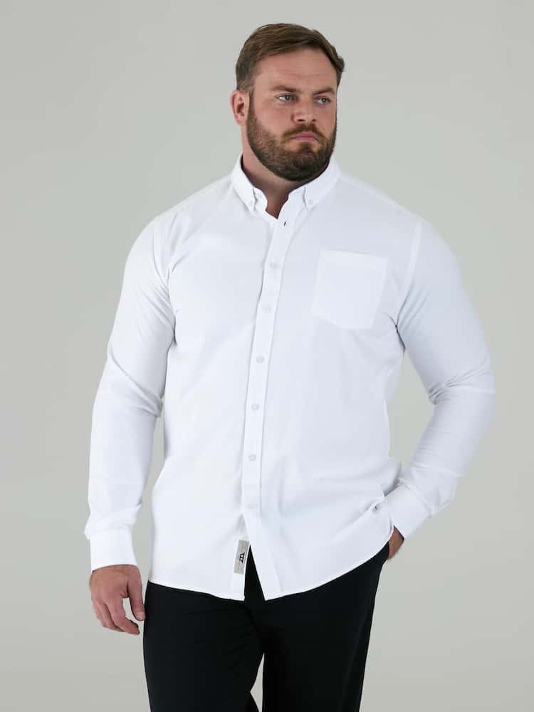 White RICHARD Classic Oxford Long Sleeve Button Down Shirt With Chest Pocket