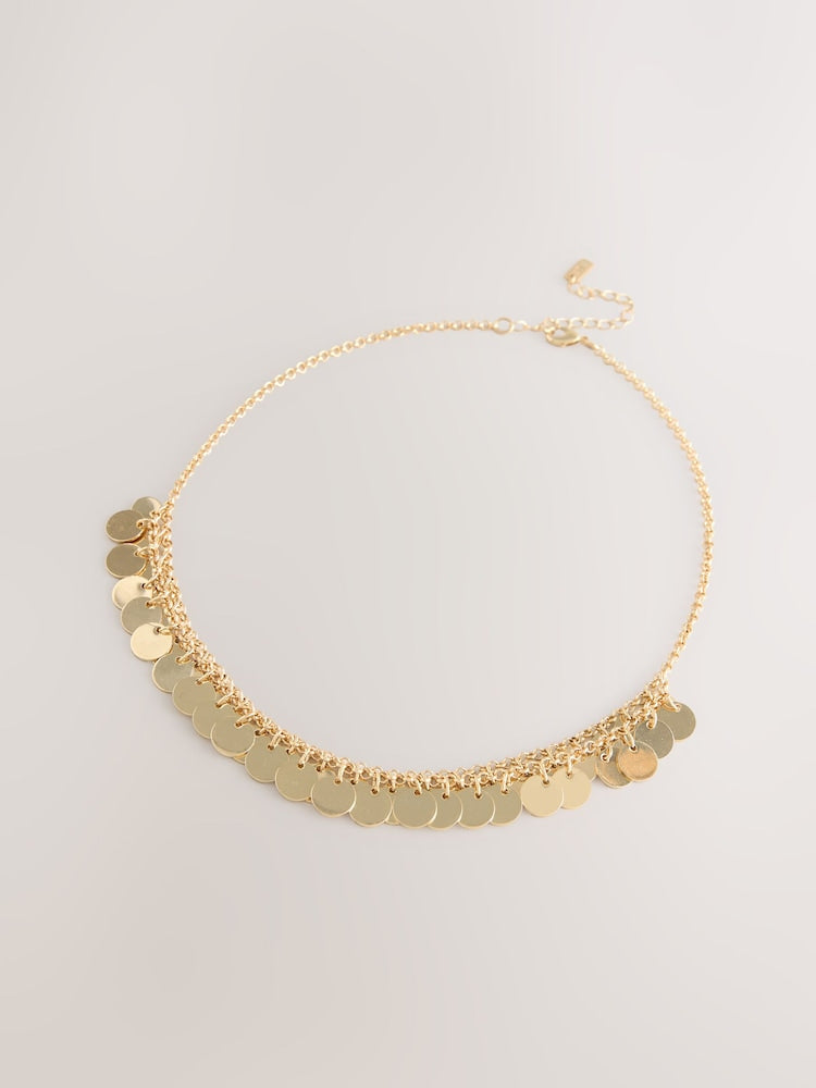Gold Tone Disc Chain Statement Necklace