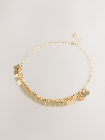 Gold Tone Disc Chain Statement Necklace