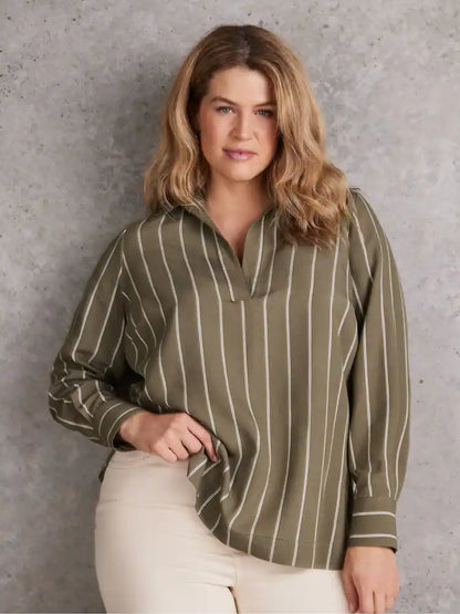 Khaki Green Stripe Long Sleeve Collared Shirt