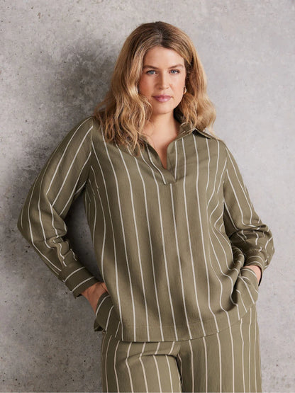 Khaki Green Stripe Long Sleeve Collared Shirt