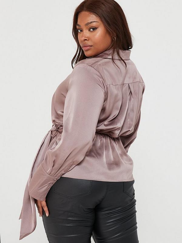 Taupe Satin Tie Waist Wrap Shirt