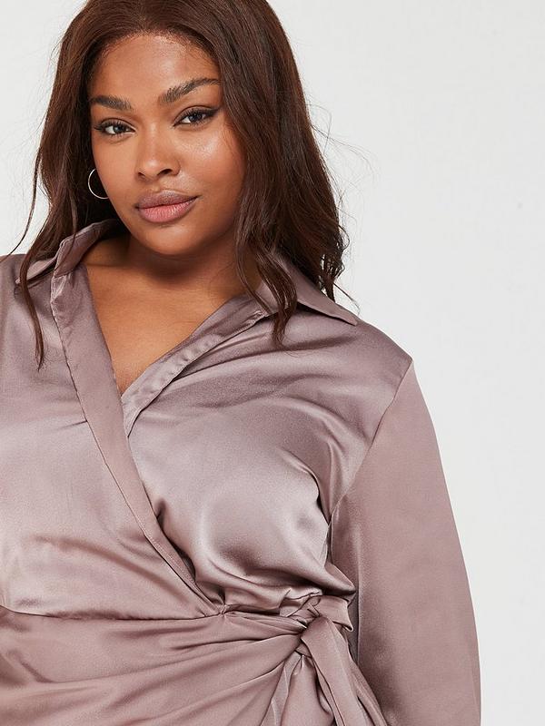 Taupe Satin Tie Waist Wrap Shirt