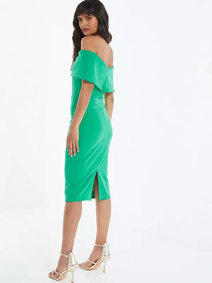 Green Bardot Bow Midi Dress