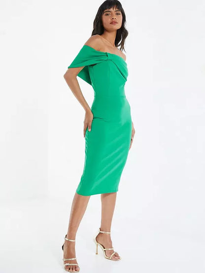 Green Bardot Bow Midi Dress