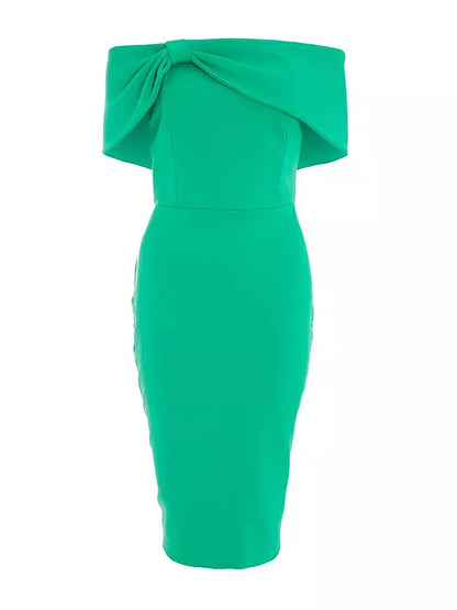 Green Bardot Bow Midi Dress