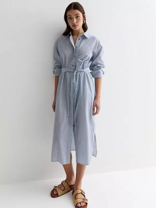 Blue Stripe Poplin Long Sleeve Belted Midi Shirt Dress