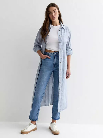 Blue Stripe Poplin Long Sleeve Belted Midi Shirt Dress