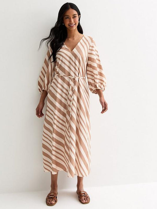 Off White Stripe V Neck Midi Dress