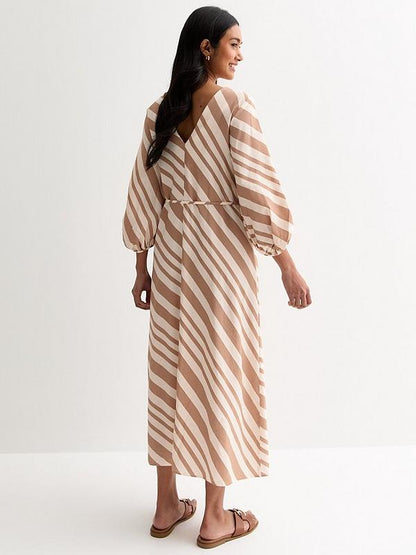 Off White Stripe V Neck Midi Dress
