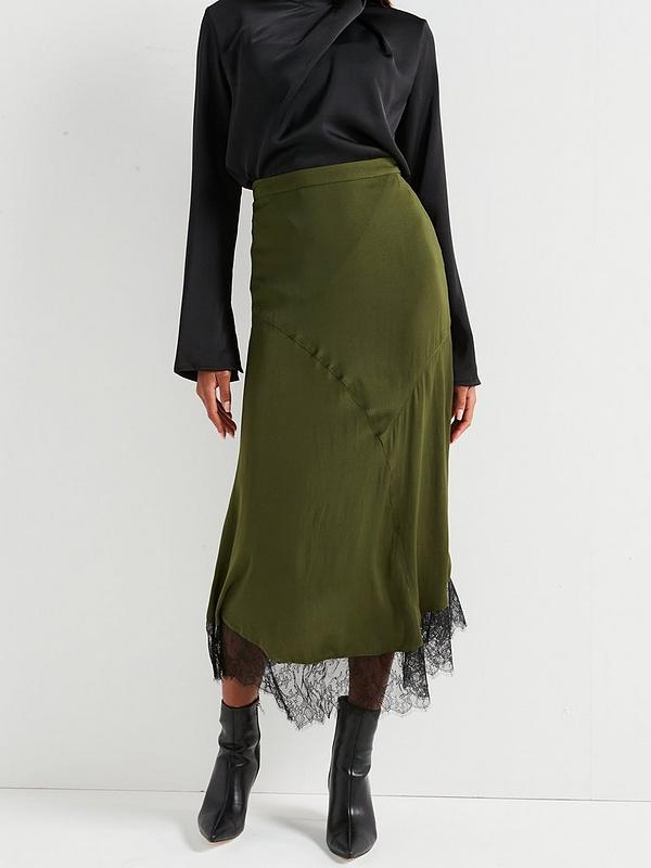 V by Very Lace Hem Satin Midi Skirt - Khaki