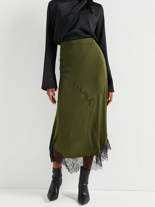 V by Very Lace Hem Satin Midi Skirt - Khaki