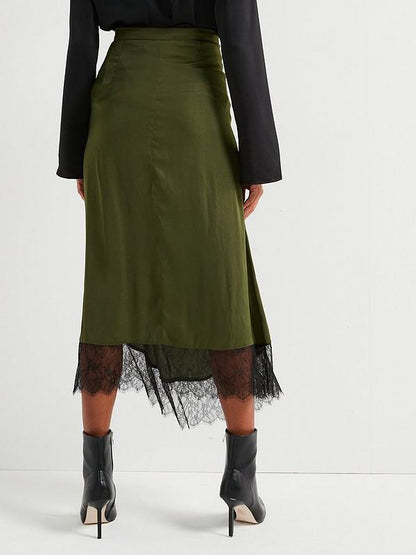 V by Very Lace Hem Satin Midi Skirt - Khaki