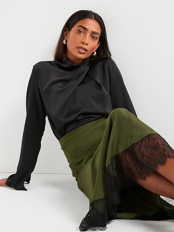 V by Very Lace Hem Satin Midi Skirt - Khaki