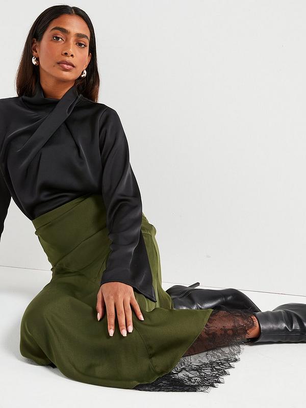 V by Very Lace Hem Satin Midi Skirt - Khaki