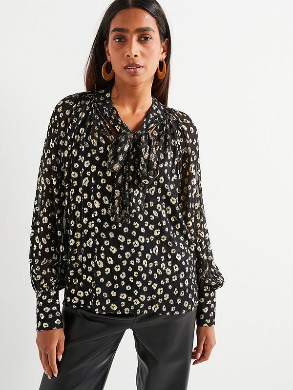 V by Very Pussy Bow Lurex Blouse - Black/Gold