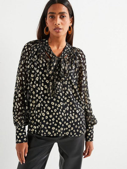 V by Very Pussy Bow Lurex Blouse - Black/Gold