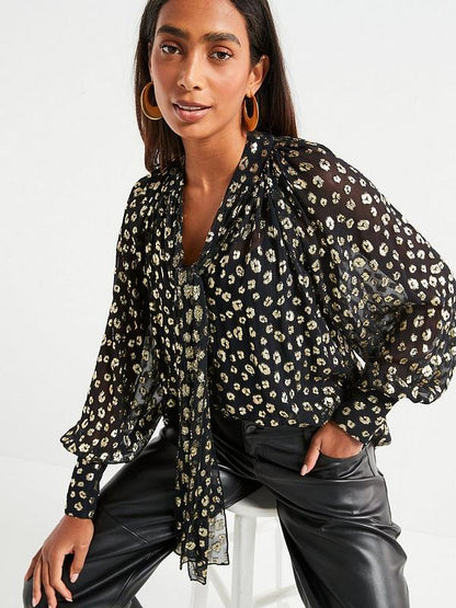V by Very Pussy Bow Lurex Blouse - Black/Gold