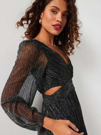 V by Very Metallic Cut Out Midi Dress - Dark Silver