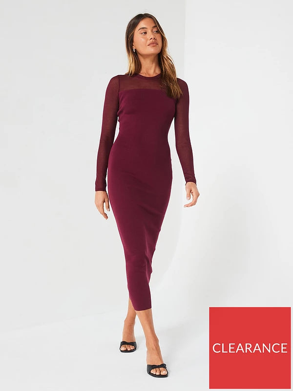 Mesh Yoke Compact Knit Pencil Dress - Dark Red