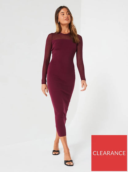 Mesh Yoke Compact Knit Pencil Dress - Dark Red