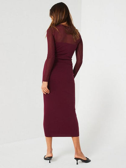 Mesh Yoke Compact Knit Pencil Dress - Dark Red