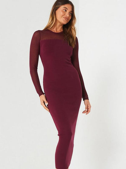 Mesh Yoke Compact Knit Pencil Dress - Dark Red