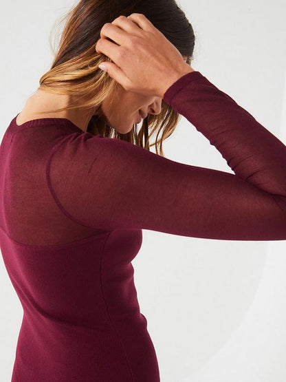 Mesh Yoke Compact Knit Pencil Dress - Dark Red