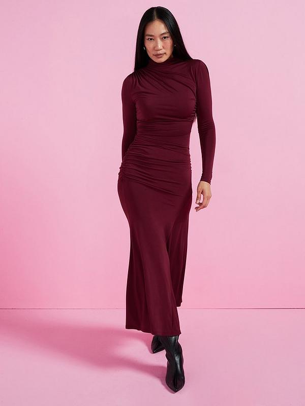 V by Very High Neck Draped Jersey Midaxi Dress - Burgundy
