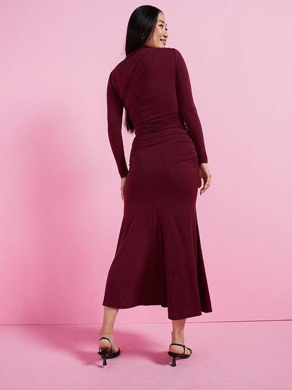 V by Very High Neck Draped Jersey Midaxi Dress - Burgundy