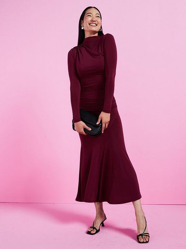 V by Very High Neck Draped Jersey Midaxi Dress - Burgundy