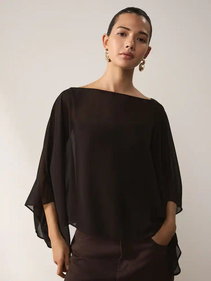 Chocolate Brown Sheer Layer Cape Sleeve Top