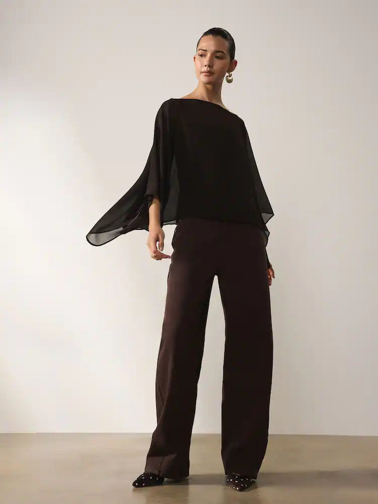 Chocolate Brown Sheer Layer Cape Sleeve Top