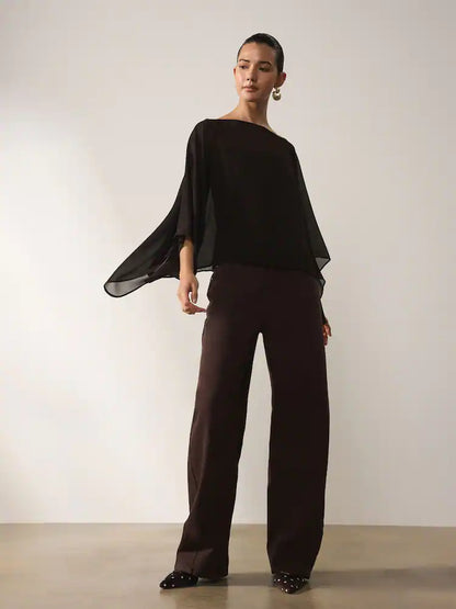Chocolate Brown Sheer Layer Cape Sleeve Top