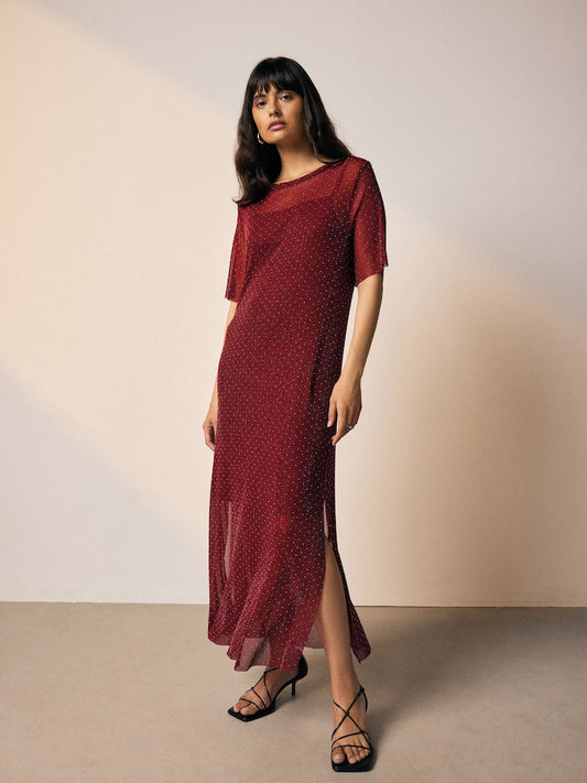 Burgundy Sparkle Hotfix Midi Dress