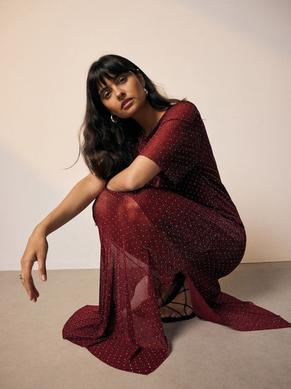 Burgundy Sparkle Hotfix Midi Dress