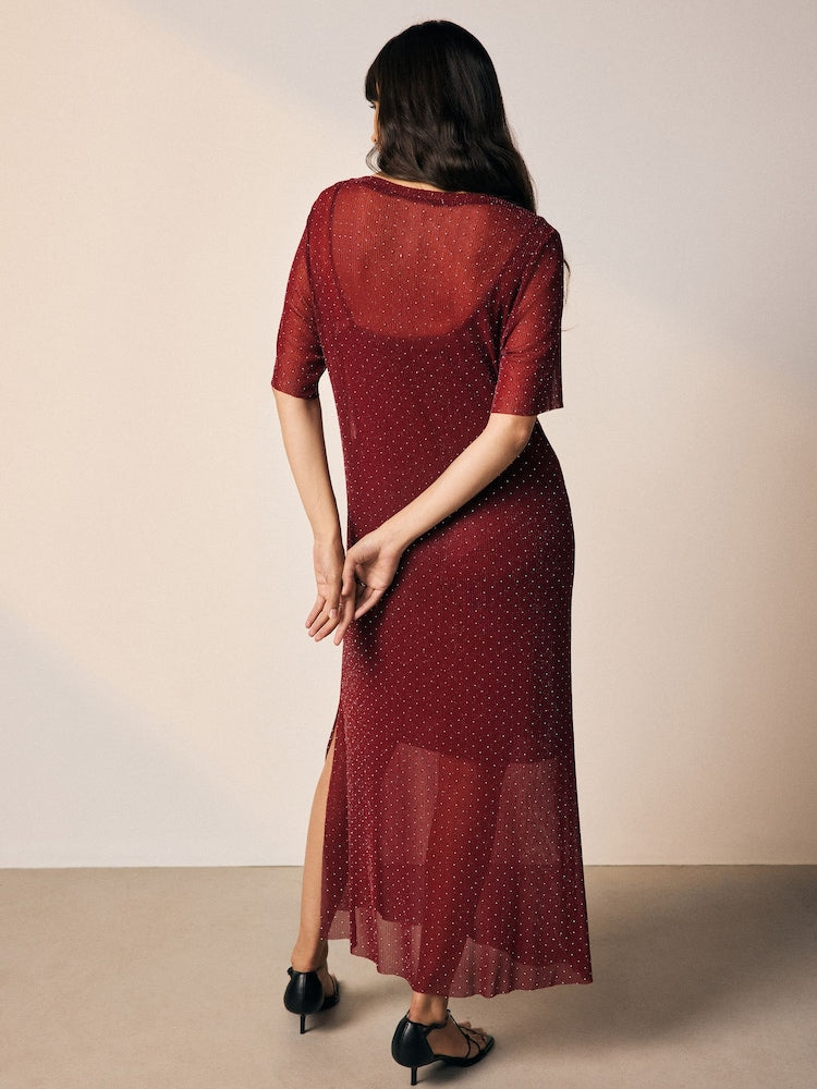 Burgundy Sparkle Hotfix Midi Dress