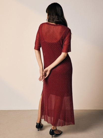 Burgundy Sparkle Hotfix Midi Dress