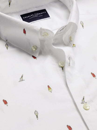 Non-Iron Poplin Ice Cream Print Short Sleeve Classic Shirt - White