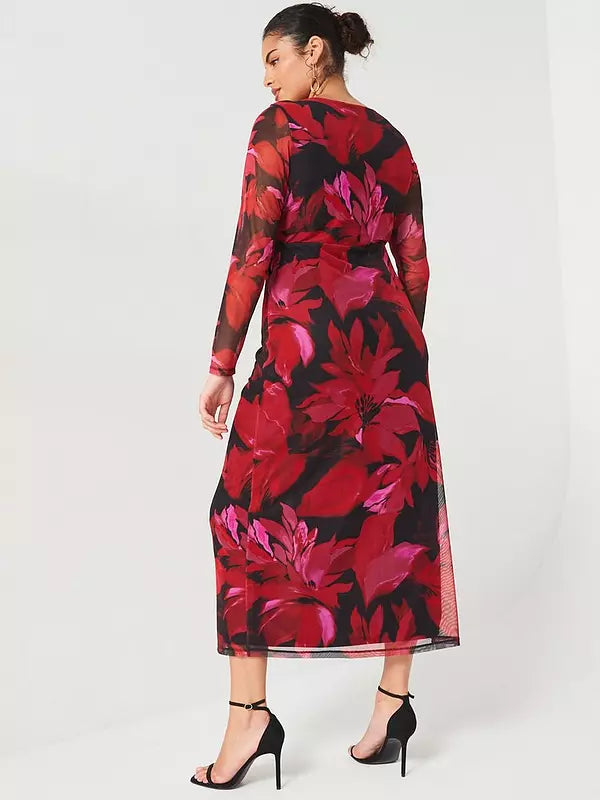 V by Very Curve Mesh Twist Midi Dress - Print