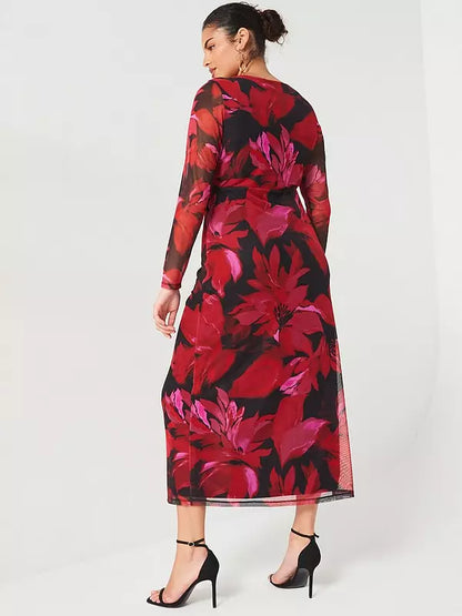 V by Very Curve Mesh Twist Midi Dress - Print