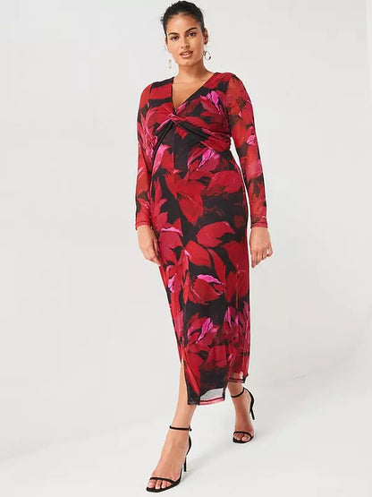 V by Very Curve Mesh Twist Midi Dress - Print
