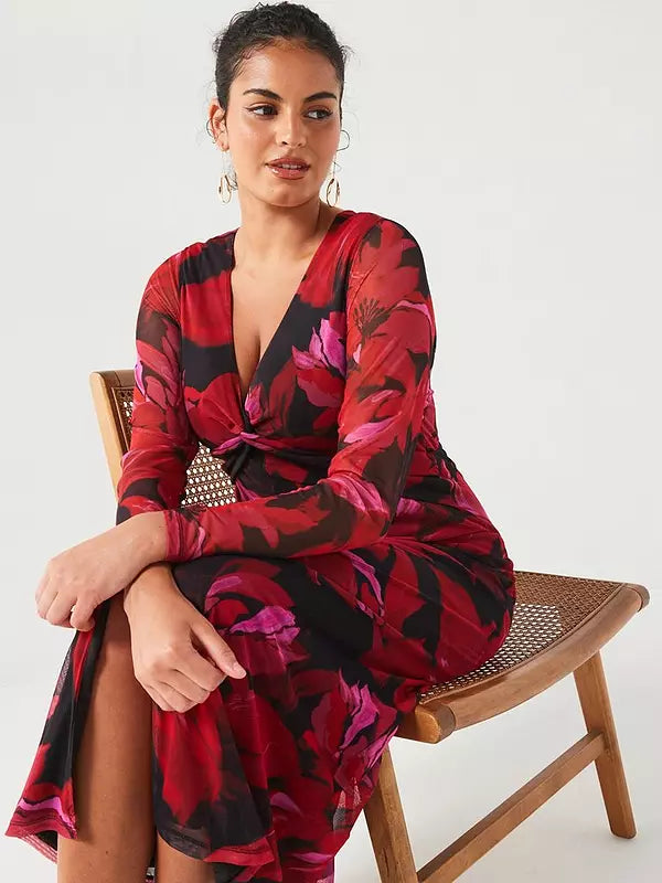 V by Very Curve Mesh Twist Midi Dress - Print
